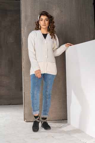 Picture of Raja Sahib - Women's V-Neck Merino Wool Blend Full Sleeves Cardigan Sweater Off White - Available at Raja Sahib