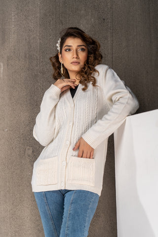 Picture of Raja Sahib - Women's V-Neck Merino Wool Blend Full Sleeves Cardigan Sweater Off White - Available at Raja Sahib