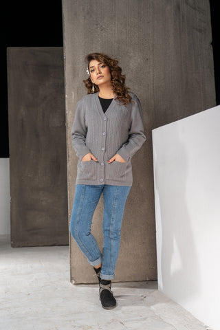 Picture of Raja Sahib - Women's V-Neck Merino Wool Blend Full Sleeves Cardigan Sweater Light Grey - Available at Raja Sahib