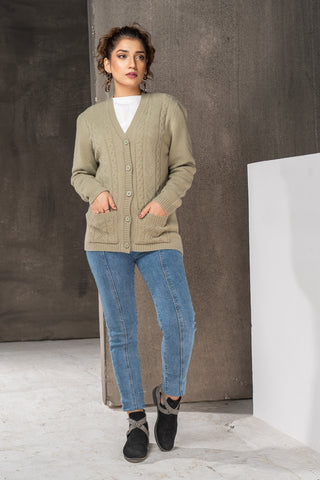 Picture of Women's V-Neck Merino Wool Blend Full Sleeves Cardigan Sweater Light Olive - Available at Raja Sahib