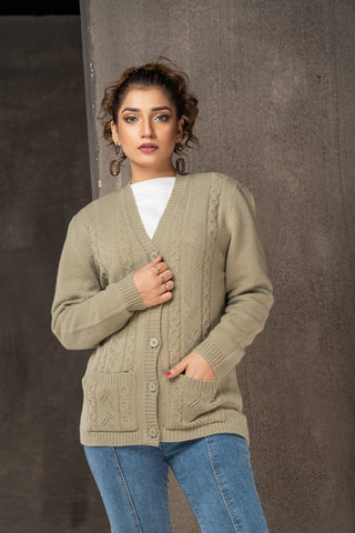 Picture of Women's V-Neck Merino Wool Blend Full Sleeves Cardigan Sweater Light Olive - Available at Raja Sahib