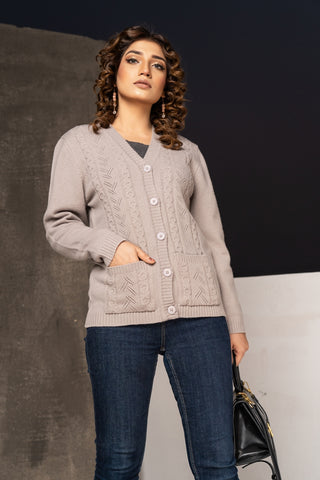 Picture of Raja Sahib - Women's V-Neck Merino Wool Blend Full Sleeves Cardigan Sweater Bisque - Available at Raja Sahib