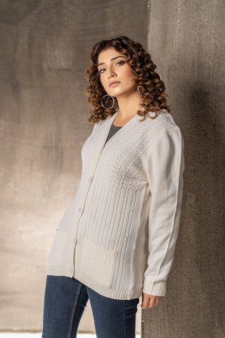 Picture of Raja Sahib - Women's V-Neck Merino Wool Blend Full Sleeves Cardigan Sweater Off White - Available at Raja Sahib