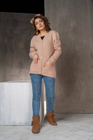 Picture of Raja Sahib - Women's V-Neck Merino Wool Blend Full Sleeves Cardigan Sweater Misty Rose - Available at Raja Sahib