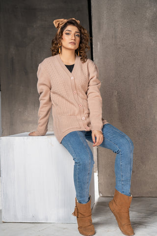 Picture of Raja Sahib - Women's V-Neck Merino Wool Blend Full Sleeves Cardigan Sweater Misty Rose - Available at Raja Sahib