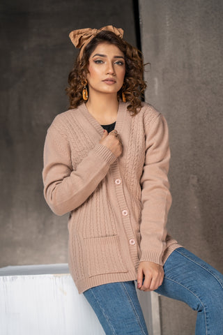 Picture of Raja Sahib - Women's V-Neck Merino Wool Blend Full Sleeves Cardigan Sweater Misty Rose - Available at Raja Sahib