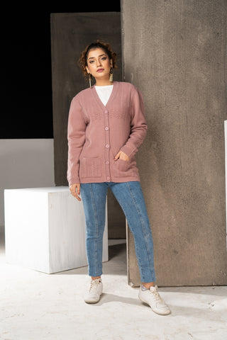 Picture of Raja Sahib - Women's V-Neck Merino Wool Blend Full Sleeves Cardigan Sweater Misty Rose - Available at Raja Sahib