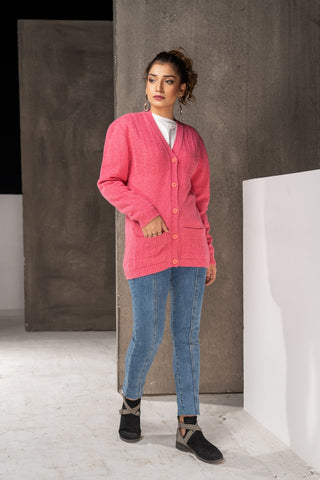 Picture of Raja Sahib - Women's V-Neck Merino Wool Blend Full Sleeves Cardigan Sweater Light Pink - Available at Raja Sahib