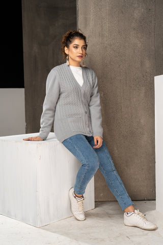 Picture of Raja Sahib - Women's V-Neck Merino Wool Blend Full Sleeves Cardigan Sweater Light Grey - Available at Raja Sahib