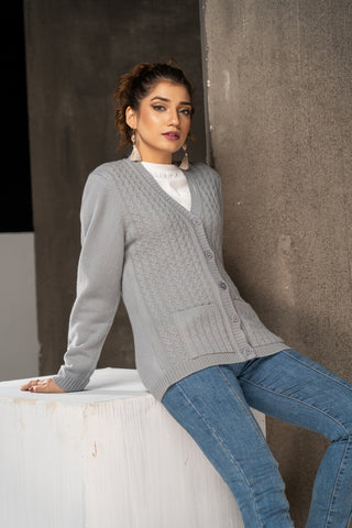 Picture of Raja Sahib - Women's V-Neck Merino Wool Blend Full Sleeves Cardigan Sweater Light Grey - Available at Raja Sahib