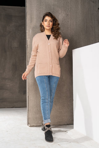 Picture of Women's V-Neck Merino Wool Blend Full Sleeves Cardigan Sweater Dusty Rose - Available at Raja Sahib