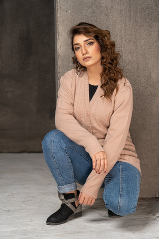 Picture of Women's V-Neck Merino Wool Blend Full Sleeves Cardigan Sweater Dusty Rose - Available at Raja Sahib