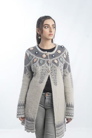 Picture of Raja Sahib - Women's Round-Neck Merino Wool Blend Full Sleeves Cardigan Sweater Grey - Available at Raja Sahib