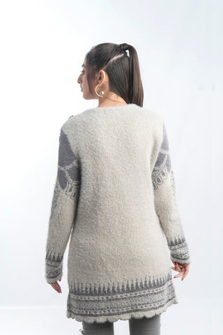 Picture of Raja Sahib - Women's Round-Neck Merino Wool Blend Full Sleeves Cardigan Sweater Grey - Available at Raja Sahib