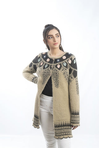 Picture of Raja Sahib - Women's Round-Neck Merino Wool Blend Full Sleeves Cardigan Sweater Skin - Available at Raja Sahib