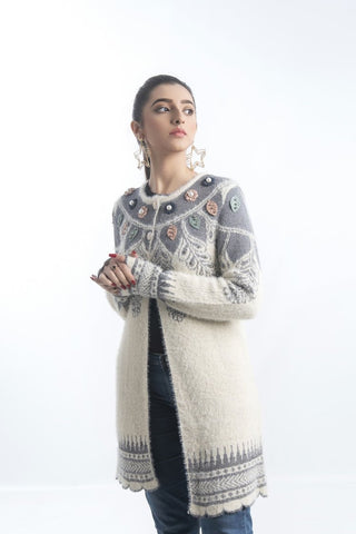 Picture of Raja Sahib - Women's Round-Neck Merino Wool Blend Full Sleeves Cardigan Sweater Off White - Available at Raja Sahib