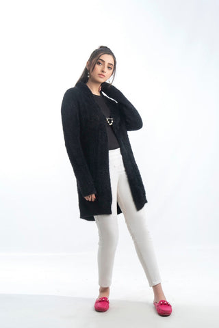 Picture of Raja Sahib - Women's V-Neck Merino Wool Blend Full Sleeves Cardigan Sweater Black - Available at Raja Sahib