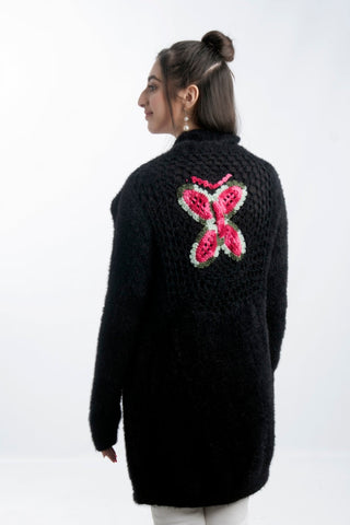 Picture of Raja Sahib - Women's V-Neck Merino Wool Blend Full Sleeves Cardigan Sweater Black - Available at Raja Sahib