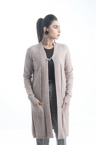 Picture of Raja Sahib - Women's V-Neck Merino Wool Blend Full Sleeves Cardigan Sweater Beige - Available at Raja Sahib