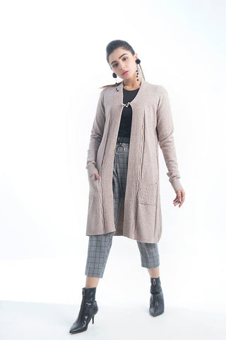 Picture of Raja Sahib - Women's V-Neck Merino Wool Blend Full Sleeves Cardigan Sweater Beige - Available at Raja Sahib