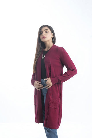 Picture of Raja Sahib - Women's V-Neck Merino Wool Blend Full Sleeves Cardigan Sweater Maroon - Available at Raja Sahib