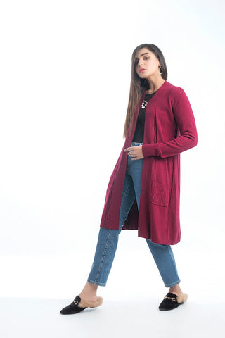 Picture of Raja Sahib - Women's V-Neck Merino Wool Blend Full Sleeves Cardigan Sweater Maroon - Available at Raja Sahib