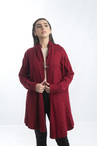 Picture of Raja Sahib - Women's V-Neck Merino Wool Blend Full Sleeves Cardigan Sweater Maroon - Available at Raja Sahib