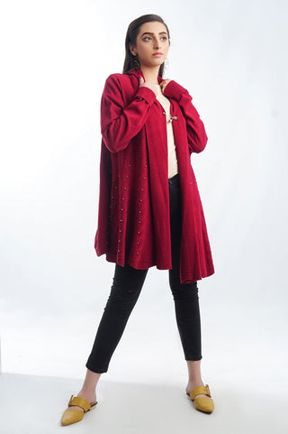 Picture of Raja Sahib - Women's V-Neck Merino Wool Blend Full Sleeves Cardigan Sweater Maroon - Available at Raja Sahib