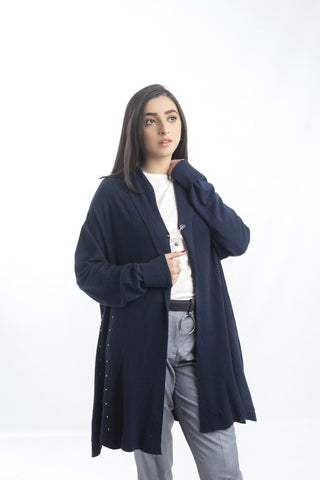 Picture of Raja Sahib - Women's V-Neck Merino Wool Blend Full Sleeves Cardigan Sweater Navy - Available at Raja Sahib