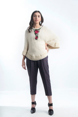 Picture of Raja Sahib - Women's Round-Neck Merino Wool Blend Short Sleeves Cardigan Sweater Off White - Available at Raja Sahib