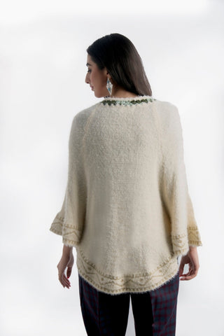 Picture of Raja Sahib - Women's Round-Neck Merino Wool Blend Short Sleeves Cardigan Sweater Off White - Available at Raja Sahib