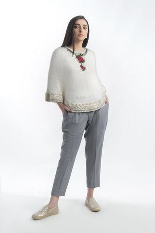 Picture of Raja Sahib - Women's Round-Neck Merino Wool Blend Short Sleeves Cardigan Sweater White - Available at Raja Sahib