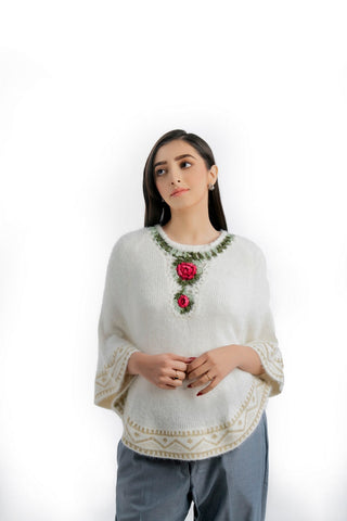 Picture of Raja Sahib - Women's Round-Neck Merino Wool Blend Short Sleeves Cardigan Sweater White - Available at Raja Sahib