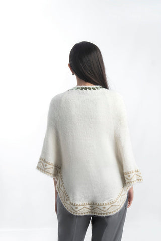 Picture of Raja Sahib - Women's Round-Neck Merino Wool Blend Short Sleeves Cardigan Sweater White - Available at Raja Sahib