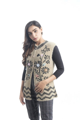 Picture of Women's Round-Neck Merino Wool Blend Sleeveless Cardigan Sweater Cream - Available at Raja Sahib