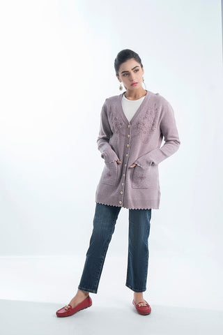 Picture of Raja Sahib - Women's V-Neck Merino Wool Blend Full Sleeves Cardigan Sweater Light Purple - Available at Raja Sahib