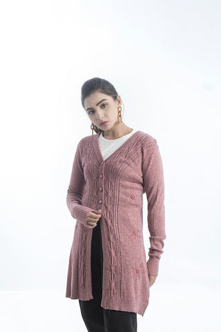 Picture of Raja Sahib - Women's V-Neck Merino Wool Blend Full Sleeves Cardigan Sweater Misty Rose - Available at Raja Sahib