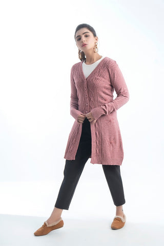 Picture of Raja Sahib - Women's V-Neck Merino Wool Blend Full Sleeves Cardigan Sweater Misty Rose - Available at Raja Sahib