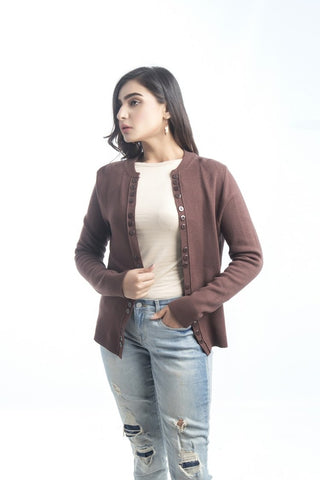 Picture of Raja Sahib - Women's Round-Neck Merino Wool Blend Full Sleeves Cardigan Sweater Brown - Available at Raja Sahib