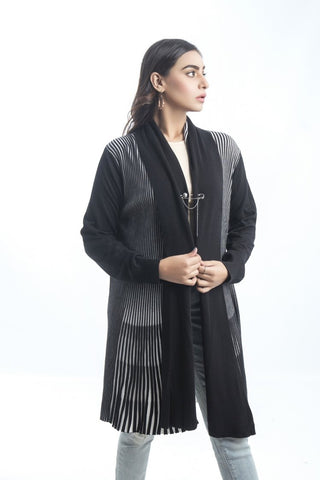 Picture of Raja Sahib - Women's V-Neck Merino Wool Blend Full Sleeves Cardigan Sweater Black - Available at Raja Sahib