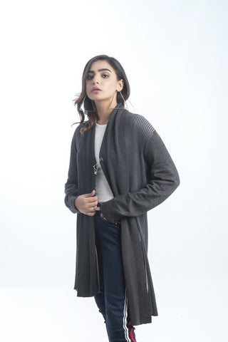 Picture of Raja Sahib - Women's V-Neck Merino Wool Blend Full Sleeves Cardigan Sweater Dark Grey - Available at Raja Sahib