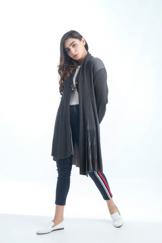 Picture of Raja Sahib - Women's V-Neck Merino Wool Blend Full Sleeves Cardigan Sweater Dark Grey - Available at Raja Sahib