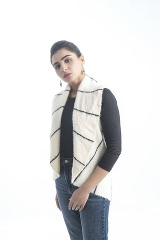 Picture of Women's Turtle Neck Merino Wool Blend Sleeveless Cardigan Sweater White - Available at Raja Sahib