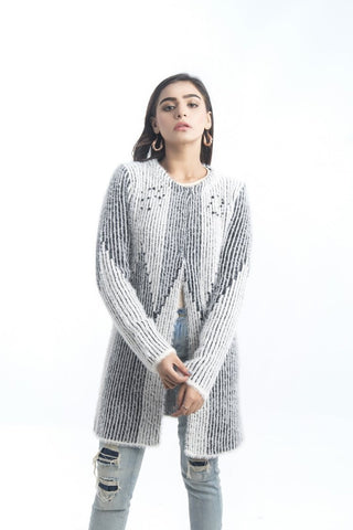 Picture of Raja Sahib - Women's Round-Neck Merino Wool Blend Full Sleeves Cardigan Sweater Off White - Available at Raja Sahib