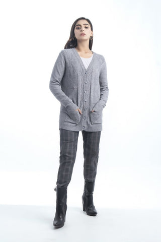 Picture of Raja Sahib - Women's V-Neck Merino Wool Blend Full Sleeves Cardigan Sweater Grey - Available at Raja Sahib