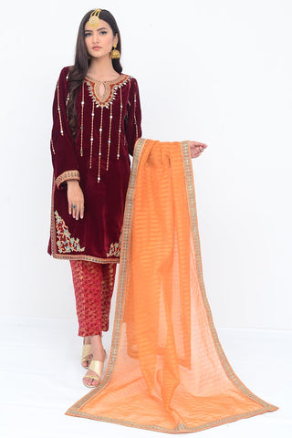 Picture of Ellena - Fancy Embroidered Velvet 3-PC Suit - Available at Raja Sahib