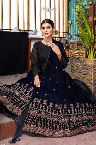 Ellena Fancy Embroidered Shawl - Navy - SH-228NY