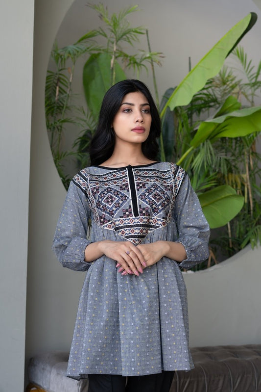 Picture of Ellena - Embroidered Textured Cotton Top - Available at Raja Sahib