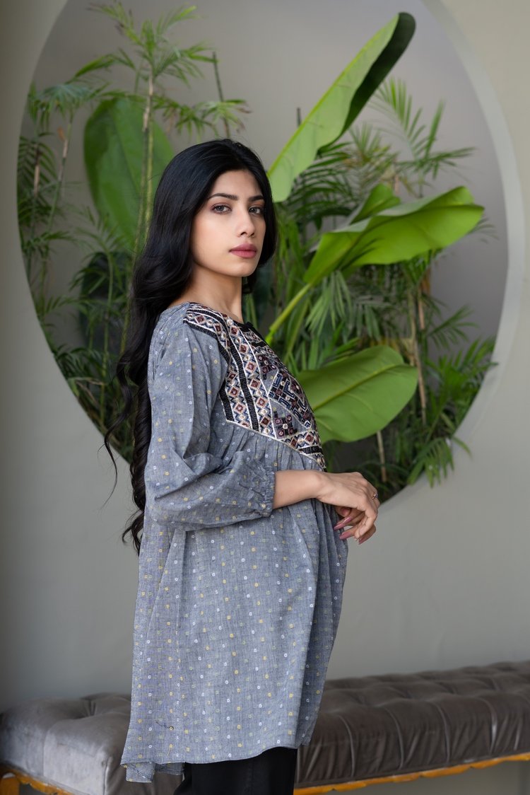 Picture of Ellena - Embroidered Textured Cotton Top - Available at Raja Sahib