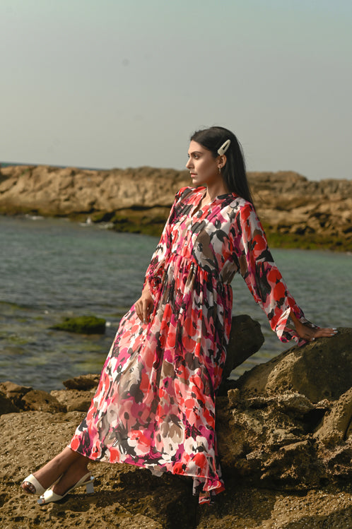 Picture of Ellena - Floral Print Chiffon Dress - Available at Raja Sahib